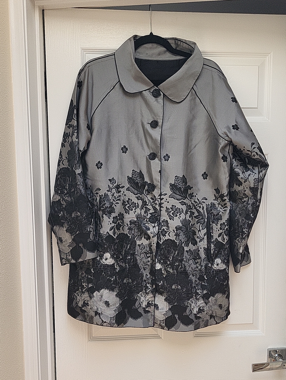 Women’s Floral-Trim Gray Pea Coat